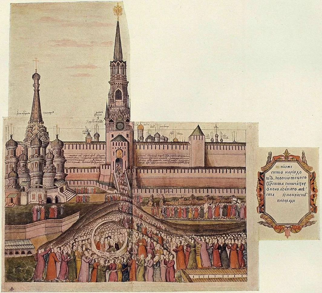 Kliknij, aby powiększyć. Na ilustracji przedstawiono scenę wyboru Michaiła Fiedowicza Romanowa na cara Rosji. Widać zebrany tłum, który gromadzi się przed wejściem do zamku.