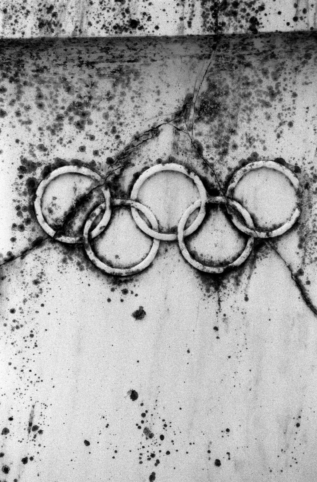 Ilustracja przedstawia starożytne koła olimpijskie. Symbol składa się z pięciu nachodzących na siebie okręgów. W pierwszym rzędzie umieszczone są trzy koła, natomiast poniżej jeszcze dwa dodatkowe koła. Grafika znajduje się na białym tle z ciemnymi plamami. Projektantem symbolu olimpijskiego był baron Pierre de Coubertin. Swój pomysł przedstawił w 1912 roku. Okręgi symbolu wskazują na pięć kontynentów.