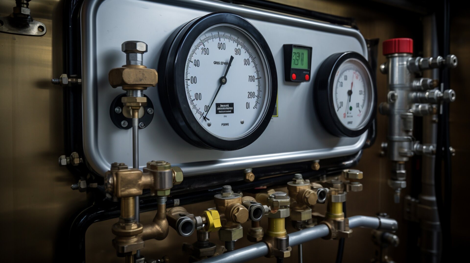 Zdjęcie przedstawia próbę szczelności. Widoczne jest urządzenie z dwoma tarczami i panelem sterowania, poniżej którego znajdują się rury z zaworami i przyłączami.

Opisy obiektów prezentowanych na grafikach są załączone w treści galerii zdjęć.