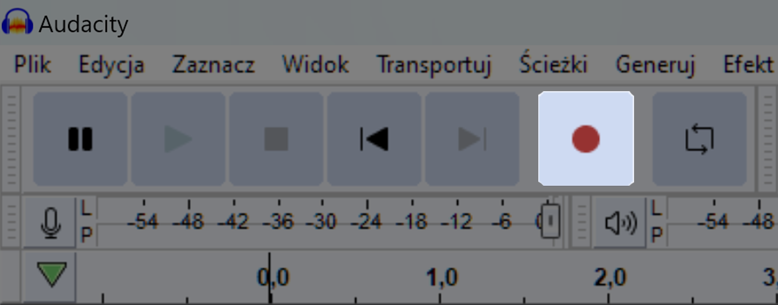 Zrzut ekranu przedstawia wycinek okna programu Audacity .  W programie znajdują się zakładki takie jak „Plik”, „Edycja”, „Zaznacz”,, „Widok”, „Transportuj”, „Ścieżki” „Generuj” „Efekt”. Pod spodem znajduje się seria kwadratowych przycisków ułożonych jeden obok drugiego. Od lewej strony to przycisk pauza, przycisk plej, przycisk stop, przycisk przewijania w lewo, przycisk przewijania w prawo, przycisk nagrywania. Przycisk nagrywania to czerwona kropka na środku kwadratu. Pod spodem znajduje się miejsce szczytujące czułość mikrofonu. Wybrano przycisk nagrywaj. 