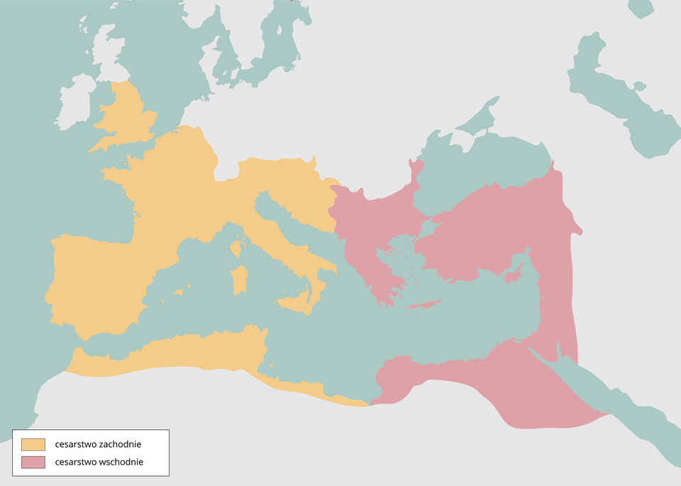 Ilustracja przedstawia mapę Europy i Afryki, z zaznaczonymi terenami Imperium Rzymskiego. Obejmowało ono basen Morza Śródziemnego czyli kraje południowej Europy, położone nad morzem państwa Bliskiego Wschodu oraz nadmorskie obszary północnej Afryki.