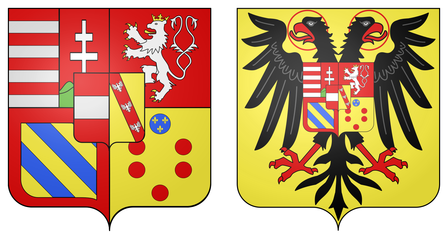 Ilustracja przedstawia dwa herby Józefa II. Herb po lewej, osobisty Józefa II, składa się z tarczy herbowej podzielonej na cztery pola z herbami, w tym między innymi herbami Węgier, Czech, a w części centralnej zwieńczony piątym herbem domu Habsbursko-Lotaryńskiego. Herb cesarski po prawej składa się z czarnego, dwugłowego orła, który w sercu herbu ma opisany wcześniej herb osobisty Józefa II.