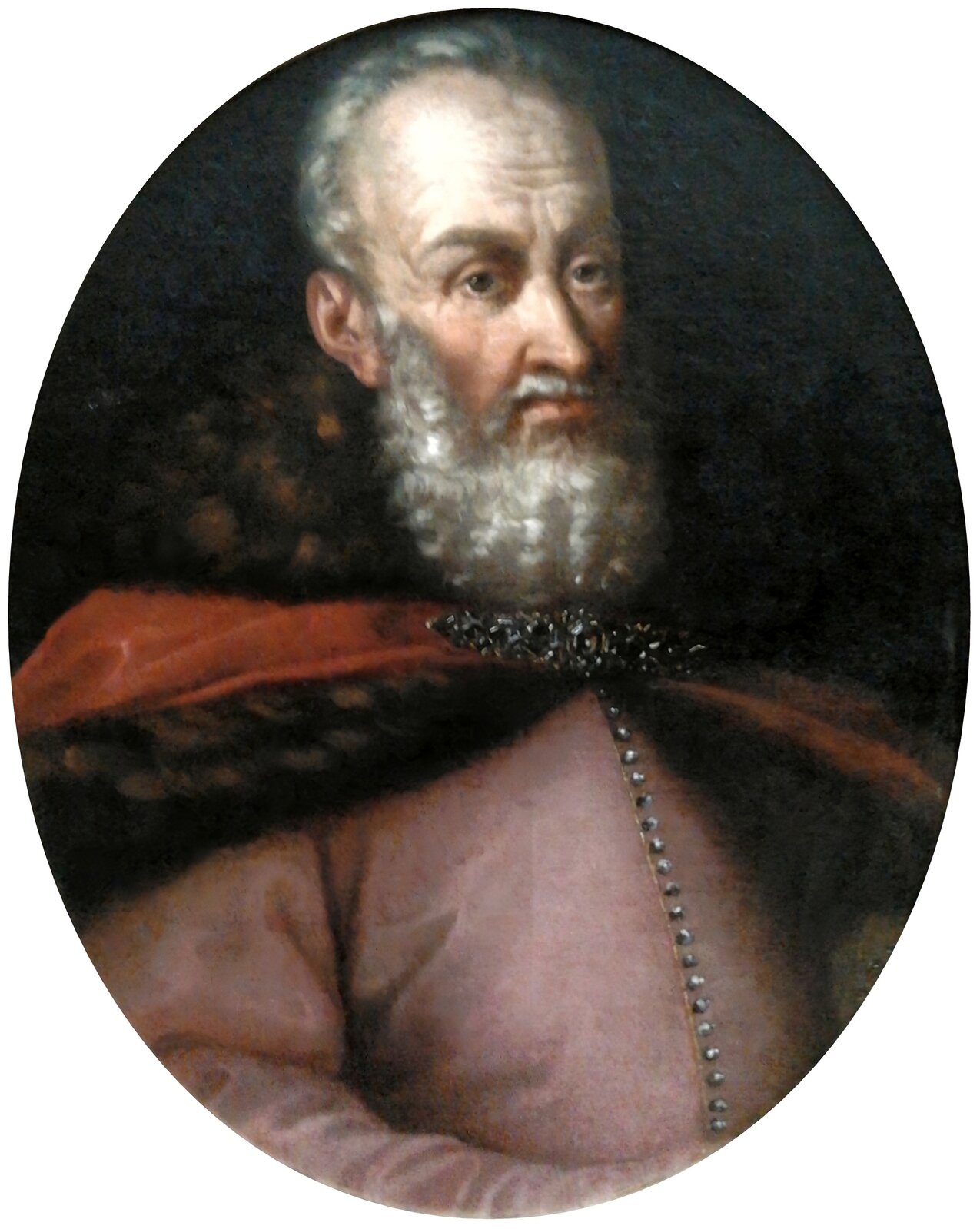 Ilustracja przedstawia portret starszego mężczyzny z siwą, kędzierzawą brodą, z zakolami na głowie. Mężczyzna ubrany jest w żupan i płaszcz podbity futrem spięty broszą na piersiach. 