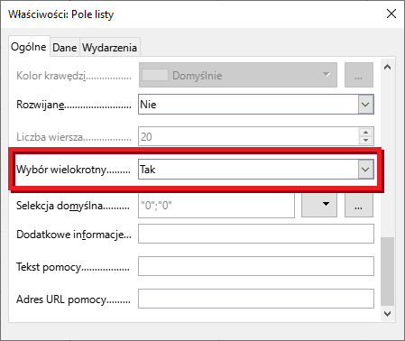 Ilustracja przedstawia okno o nazwie Właściwości: Pole listy. Tam zaznaczono opcję: Wybór wielokrotny, Tak. 