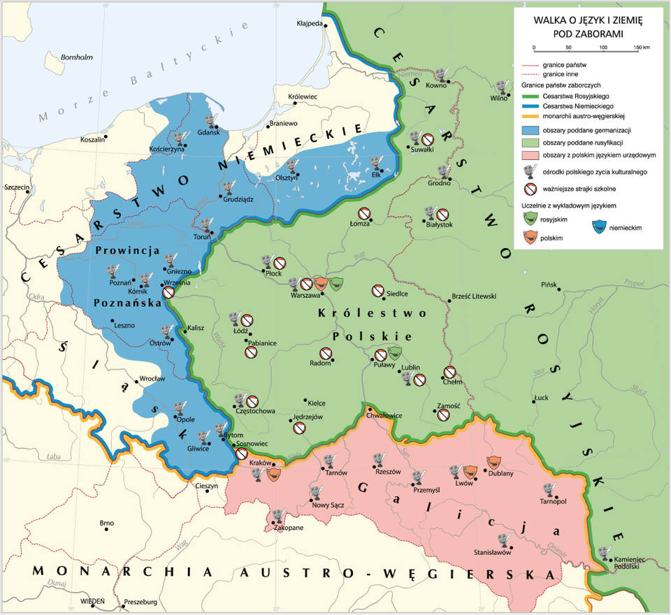 Mapa przedstawia walkę o język i ziemię pod zaborami. Obszarami poddanymi germanizacji był Górny Śląsk, Wielkopolska, Pomorze Gdańskie i południowe Prusy. Rusyfikacji było poddane całe terytorium Imperium Rosyjskiego. W monarchii Austro‑Węgierkiej w regionie Galicji występował polski język urzędowy. Uczelnie z wykładowym językiem polskim znajdowały się w Warszawie, Krakowie, Lwowie i Dublanach, z a rosyjskim w Warszawie i Puławach. Strajki szkolne miały miejsce w Białymstoku, Suwałkach, Łomży, Siedlcach, Chełmie, Zamościu, Lublinie, Puławach, Radomiu, Jędrzejowie, Pabianicach, Częstochowie, Warszawie, Płocku, Wrześni i Sosnowcu. Ośrodki polskiego życia kulturalnego występowały prawie we wszystkich polskich miastach. 