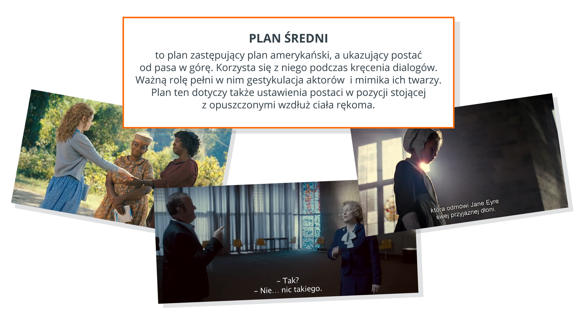 Ilustracja przedstawia trzy fotografie na białym tle. Fotografia po lewej stronie ilustracji przedstawia trzy kobiety, za którymi znajdują się zielone krzewy. Dwie z kobiet trzymają się za ręce. W dolnej środkowej części ilustracji znajduje się fotografia przedstawiająca mężczyznę i kobietę stojących naprzeciwko siebie. Oboje prowadzą rozmowę, przy której gestykulują. W tle fotografii znajduje się pokój z oknem zasłoniętym niebieską firaną. Fotografia po prawej stronie ilustracji przedstawia dziewczynkę ubraną w ciemną sukienkę oraz białą chustę na głowie. Dziewczynka spogląda w dół. W tle fotografii znajduje się ściana z oknem. Nad fotografiami na środku ilustracji znajduje się wyjaśnienie znaczenia definicji planu średniego. Plan średni - to plan zastępujący plan amerykański, a ukazujący postać od pasa w górę. Korzysta się z niego podczas kręcenia dialogów. Ważną funkcję pełni w nim gestykulacja aktorów i mimika ich twarzy. Plan ten dotyczy także ustawienia postaci w pozycji stojącej z opuszczonymi wzdłuż ciała rękoma.