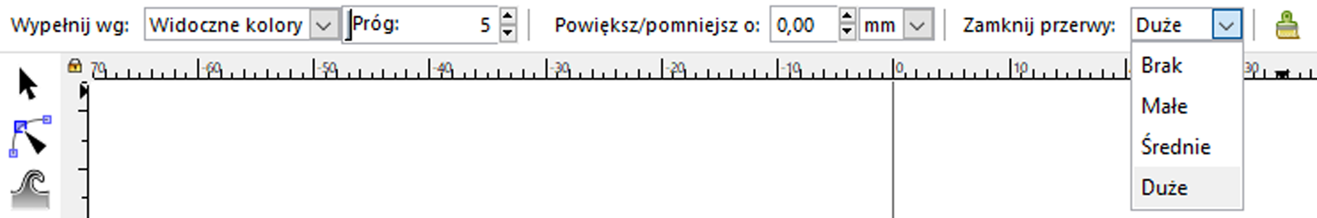 Zrzut ekranu przedstawia zbliżenie na pasek narzędzi programu Inkscapie. Znajdują się tu opcje takie jak wypełnienie, powiększenie lub pomniejszenie oraz zamknięcie przerw. Pasek z ustawieniem parametru zamknięcia przerw posiada następujące opcje: brak, małe, średnie, duże.