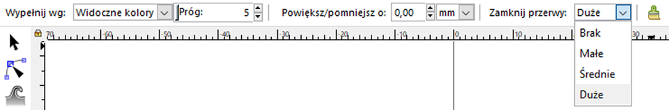 Zrzut ekranu przedstawia zbliżenie na pasek narzędzi programu Inkscapie. Znajdują się tu opcje takie jak wypełnienie, powiększenie lub pomniejszenie oraz zamknięcie przerw. Pasek z ustawieniem parametru zamknięcia przerw posiada następujące opcje: brak, małe, średnie, duże.