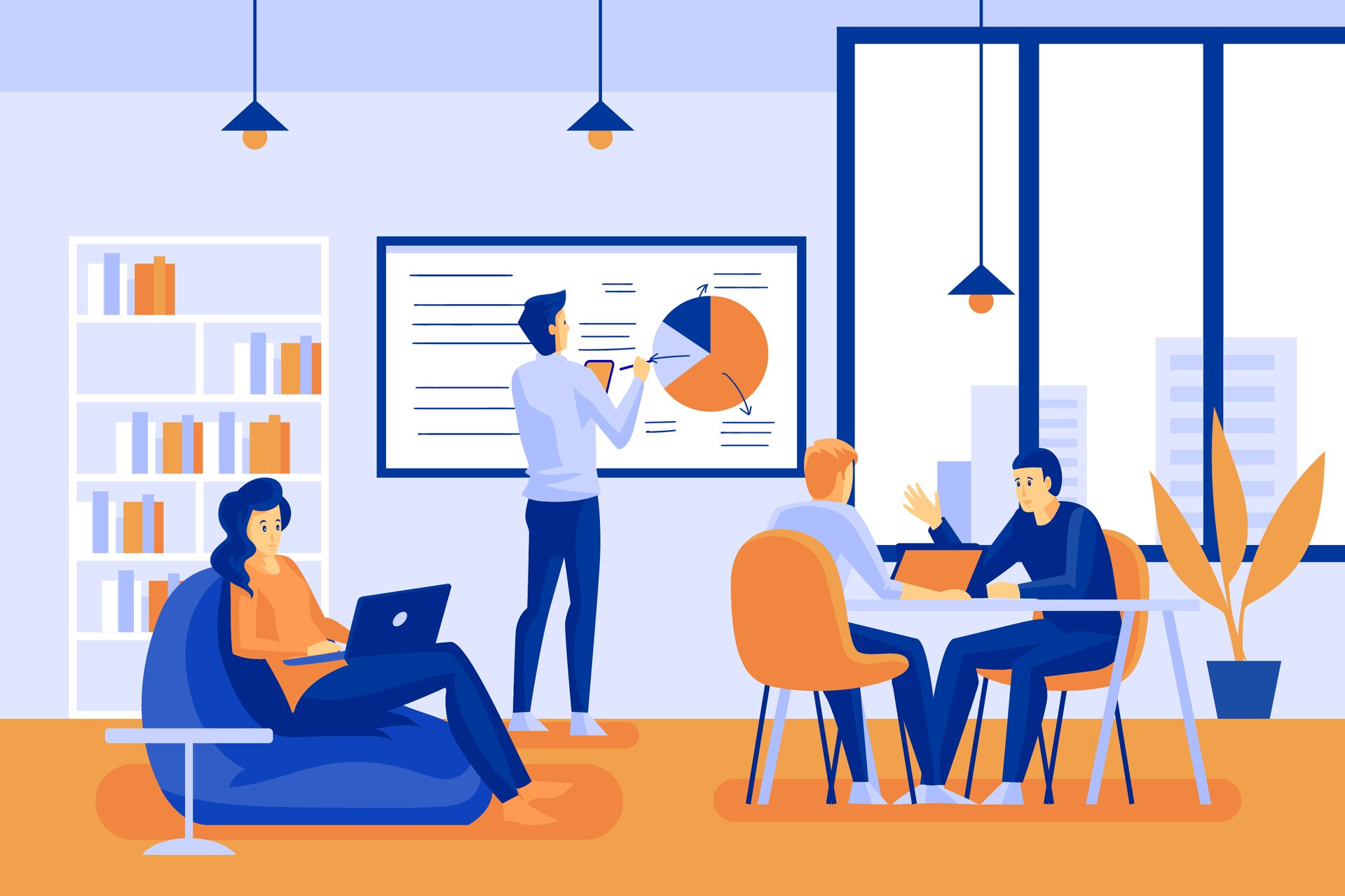 Ilustracja przedstawia wnętrze pokoju biurowego. Widoczne są dwie osoby siedzące przy stole. Jedna osoba siedzi na fotelu i pracuje na laptopie. Widoczna jest też osoba stojąca przy planszy zawieszonej na ścianie. 