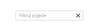 Grafika przedstawia panel do wyszukiwania fraz. Jest to prostokąt wewnątrz którego widoczna jest fraza filtruj pojęcie. Po prawej stronie prostokąta widoczny jest znak x.