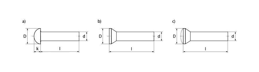 Grafika przedstawia rysunki trzech rodzajów nitów z oznaczonymi za pomocą strzałek i liter częściami. Przedstawione są nity: z łbem kulistym, z łbem płaskim i z łbem soczewkowym.