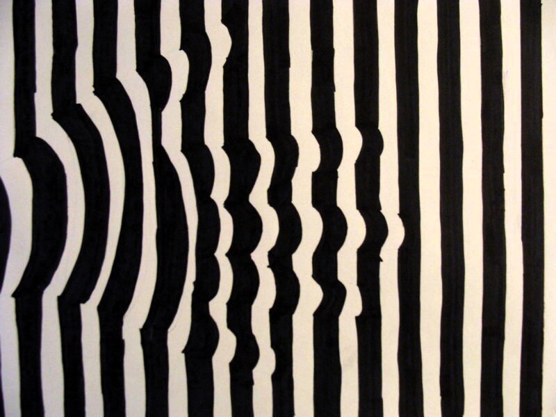 Obraz zbudowany jest z pionowych grubych linii, biegnących przez całą wysokość obrazu. O lewej krawędzi obrazu zostają one jakby wypychane w prawą stronę, powstają większe i mniejsze wybrzuszenia, zakłócając rytm pionów.