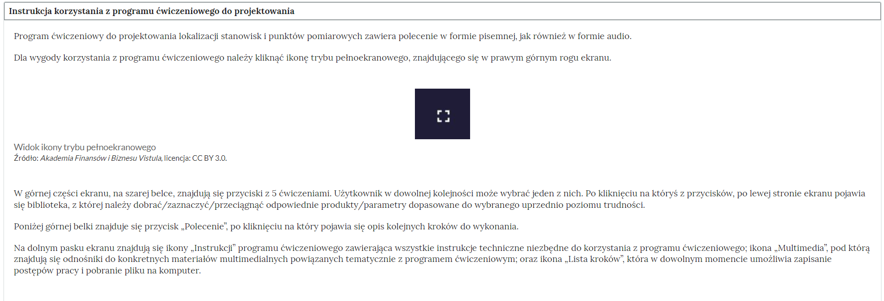 Grafika przedstawia przykładowy wygląd instrukcji obsługi dołączonej do programu ćwiczeniowego.