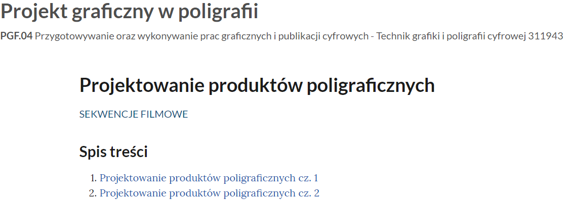 Grafika przedstawia widok spisu treści sekwencji filmowych zatytułowanych Projektowanie produktów poligraficznych