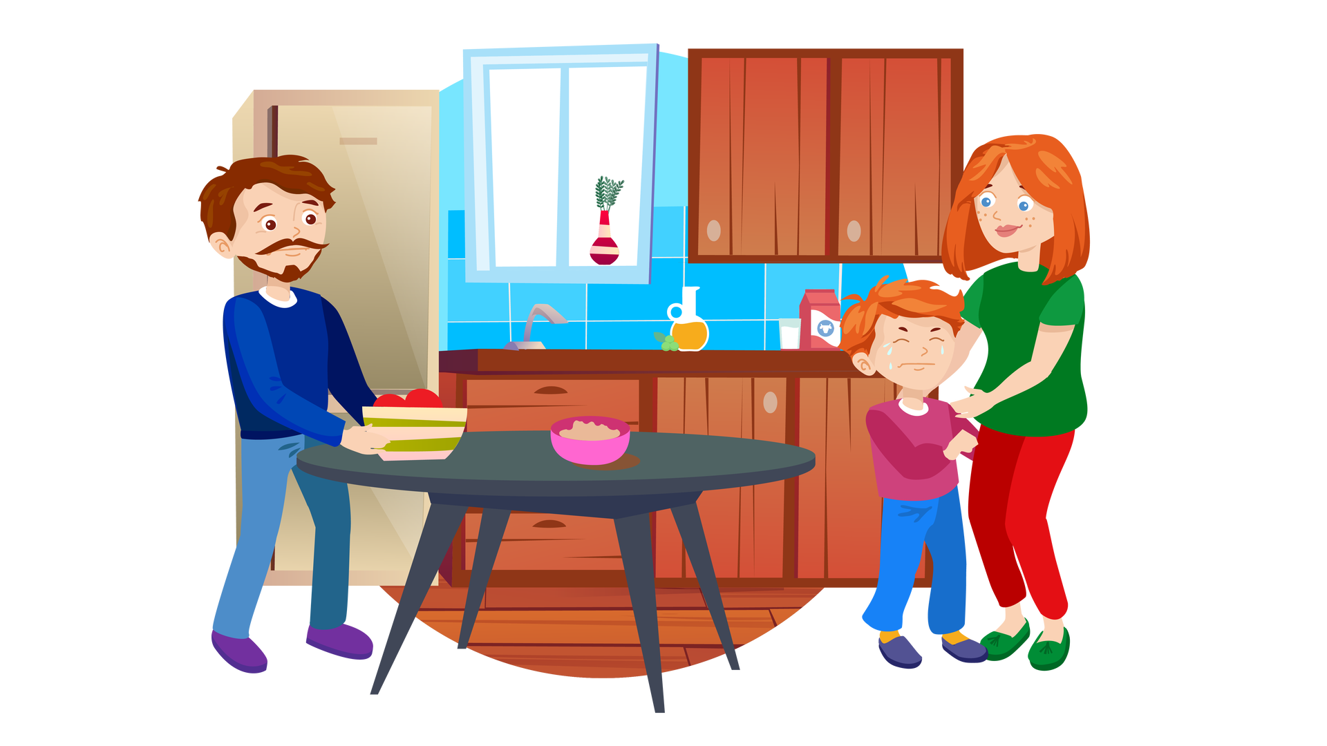 Ilustracja przedstawia kuchnię w domu Franka i Mai. W tle widać niebieską ścianę z oknem. Na parapecie są trzy gałązki z zielonymi listkami w wazonie w czerwono‑beżowe paski. Pod ścianą znajduje się rząd brązowych szafek kuchennych. Na środku jest zlew z kranem, a po prawej stronie, na blacie, widać trzy zielone winogrona, dzbanek soku pomarańczowego, szklankę mleka i karton mleka. Po prawej stronie wiszą dwie brązowe szafki kuchenne, a po lewej stronie stoi wysoka szara lodówkozamrażarka. Na środku pomieszczenia, na drewnianej podłodze, ustawiono okrągły ciemnoszary stół. Na środku stołu znajduje się różowa miska z pastą do smarowania pieczywa. Na lewo od stołu stoi tata Franka i Mai. Jest ubrany w granatową bluzę z długimi rękawami, ciemnoniebieskie spodnie i ciemnofioletowe buty. W rękach trzyma beżowo‑zieloną miskę czerwonych jabłek, którą stawia na stole. Patrzy z zatroskaną miną na Franka, który stoi na prawo od stołu. Franek jest ubrany w ciemnoróżową bluzę z długimi rękawami, długie niebieskie spodnie, pomarańczowe skarpety i granatowe buty. Zaciska powieki i płacze. Obok Franka stoi jego mama, która go przytula. Jest ubrana w ciemnozieloną bluzkę z krótkimi rękawami, długie czerwone spodnie i ciemnozielone buty. Ma pogodny wyraz twarzy, spogląda na syna.