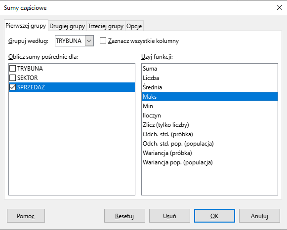 Ilustracja przedstawia okno dialogowe Sumy częściowe. Wybrano zakładkę: Pierwszej grupy. Tu wybrano: Grupuj według: Trybuna. W obszarze zatytułowanym: Oblicz sumy pośrednie dla, wybrano Sprzedaż. W obszarze: Użyj funkcji, wybrano Maks. Wybrano przycisk OK.  