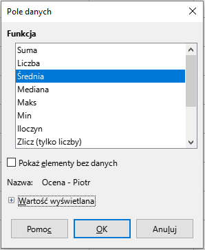 Ilustracja przedstawia otwarte okno dialogowe Pole danych. W obszarze poniżej znajduje się lista Funkcja, a na niej zaznaczony element Średnia. Na dole okna znajdują się trzy przyciski: Format liczby, OK, Anuluj.