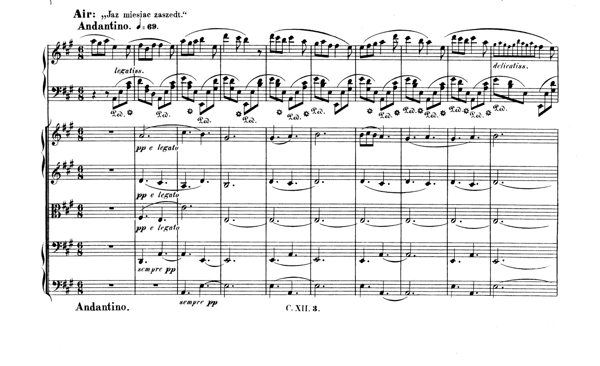 Zapis nutowy 10 taktów Fantazji A‑dur na tematy polskie opus trzynaste. Dwie górne pięciolinie to zapis partii fortepianu. W prawej ręce umieszczono melodię pieśni “Laura i Filon” w 10 takcie znajduje się wielonutowy ozdobnik. Na pięciu pozostałych pięcioliniach umieszczono partię orkiestry, w porównaniu z partią fortepianu jest ona prosta i oszczędna.