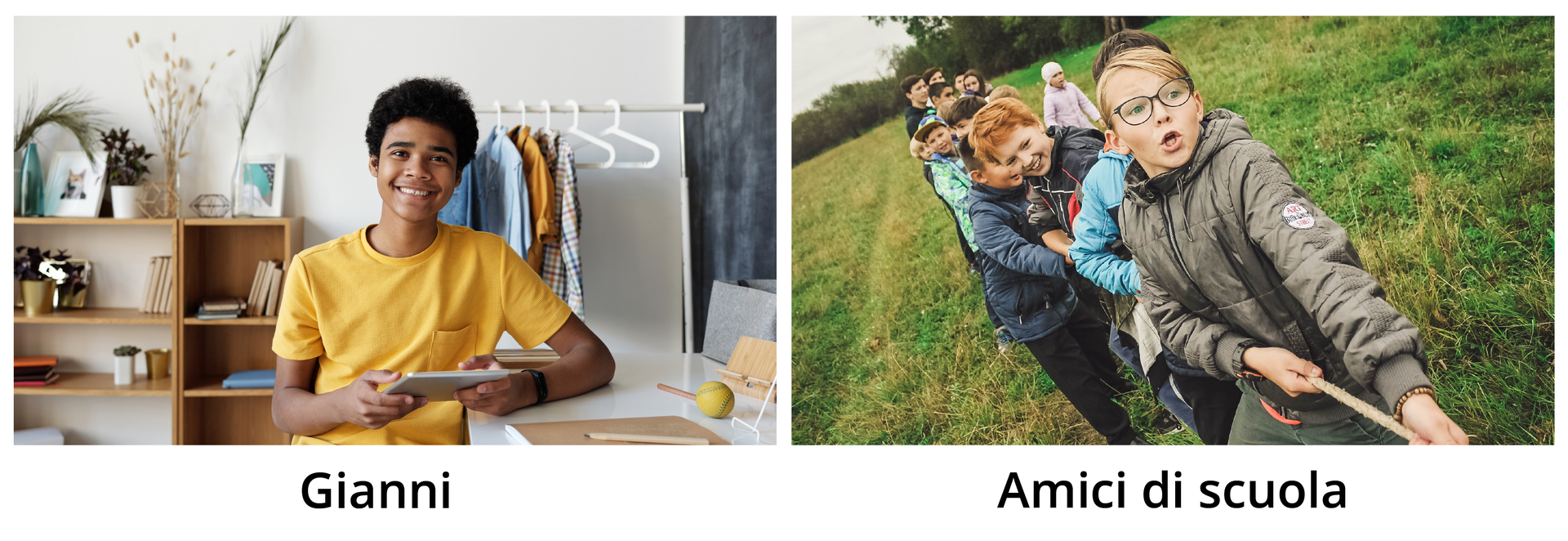 Ilustracja składa się z dwóch zdjęć. Po lewej znajduje się nastoletni, uśmiechnięty chłopiec, który siedzi przy biurku bokiem. W ręku trzyma tablet. Zdjęcie jest podpisane: Gianni. Zdjęcie po prawej przedstawia grupę dzieci ustawioną jeden za drugim. Przygotowują się do przeciągania liny. Zdjęcie jest podpisane: Amici di scuola.