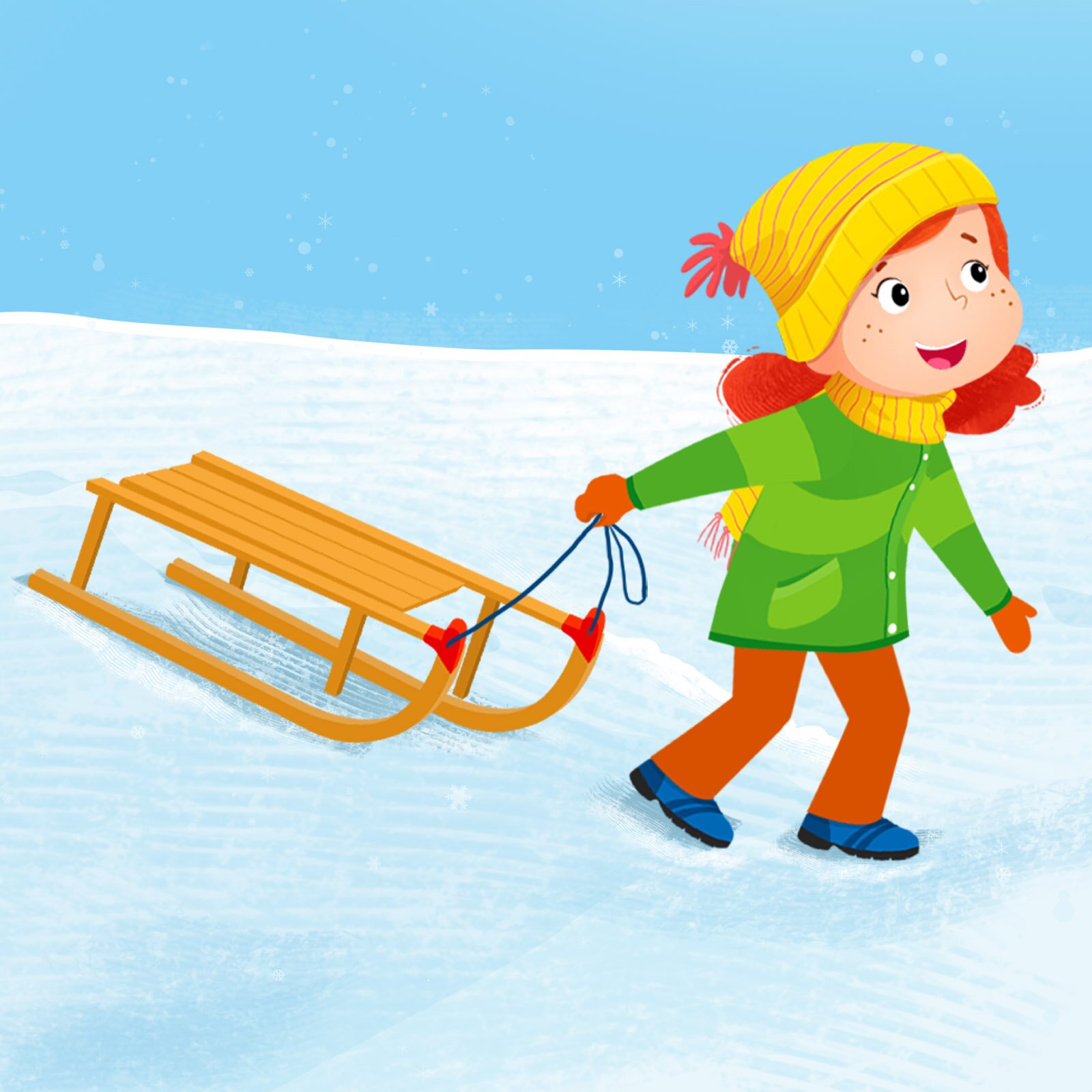 Ilustracja przedstawia dziewczynkę ciągnącą za sobą sanki.