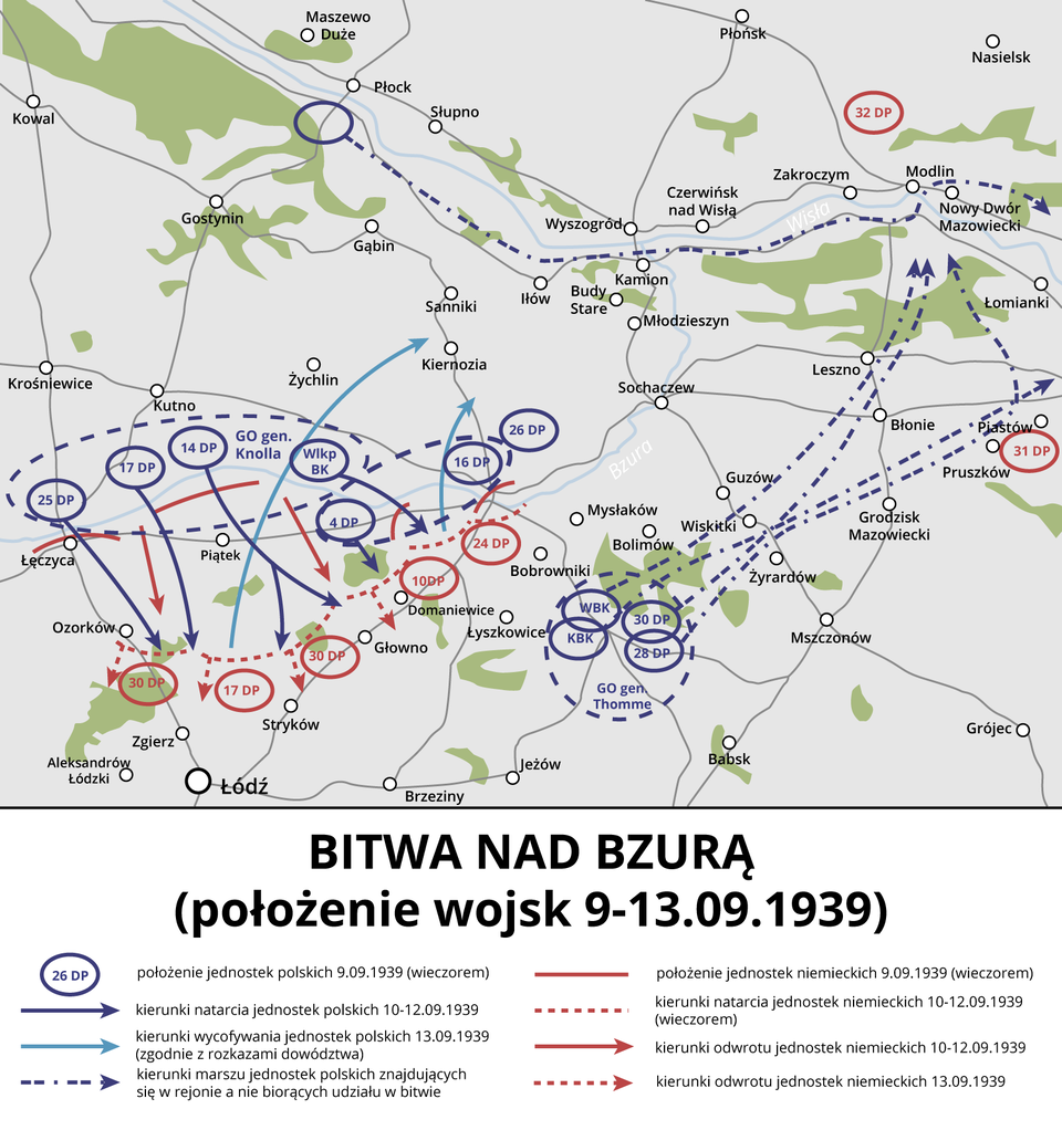 Ilustracja przedstawiająca położenie wojsk w trakcie bitwy nad Bzurą. Na ilustracji oznaczono również miasta, koleje, rzeki i tereny zielone.  Kolorami granatowym i czerwonym oznaczono działania wojskowe.  - kolorem granatowym ( środku kółka numer dywizji) położenie jednostek polskich 9.09.1939 (wieczorem) - kolorem granatowym (strzałka) kierunki natarcia jednostek polskich 10‑12.09.1939 - kolorem niebieskim (strzałka) kierunki wycofywania jednostek polskich 13.09.1939 (zgodnie z rozkazami dowództwa)\ - kolorem granatowym (strzałka przerywana) kierunki marszu jednostek polskich znajdujących się w rejonie, a nie biorących udziału w bitwie - kolorem czerwonym (linia ciągła) położenie jednostek niemieckich 9.09.1939 (wieczorem)  - kolorem czerwonym (linia przerywana) kierunki natarcia jednostek niemieckich 10‑12.09.1939 (wieczorem)  - kolorem czerwonym (strzałka) kierunki odwrotu jednostek niemieckich 10‑12.09.1939 - kolorem czerwonym (strzałka przerywana) kierunki odwrotu jednostek niemieckich 13.09.1939 