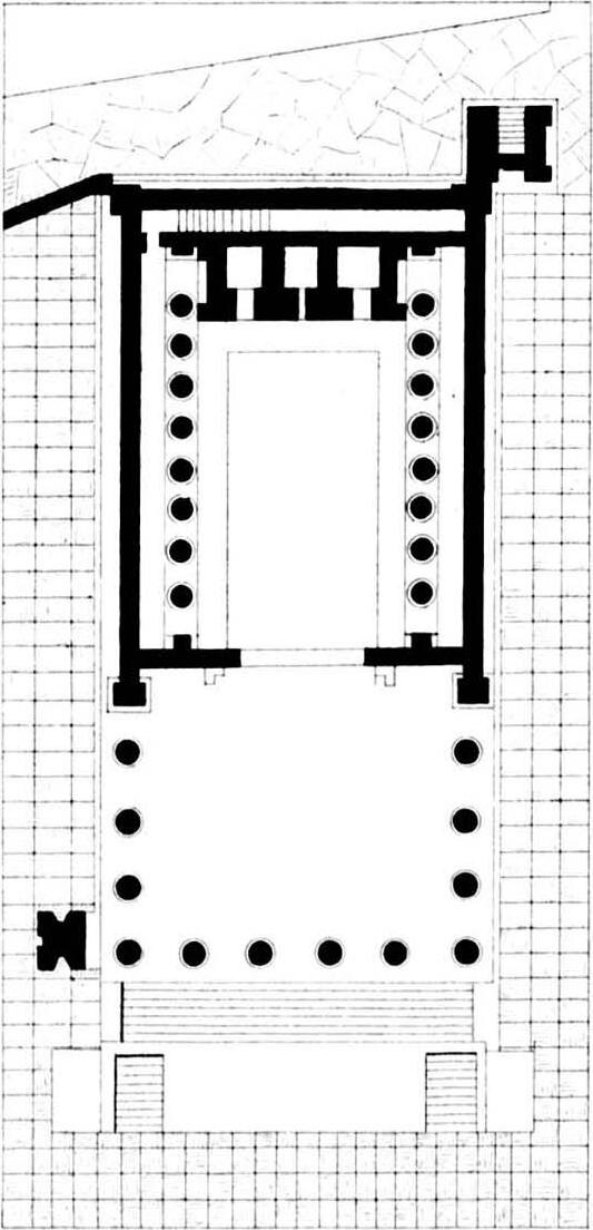 Ilustracja przedstawia plan Świątyni Jowisza w Pompejach. Układ przestrzenny ukazuje rozmieszczenie celli, pronaosu, kolumnady oraz otoczenia urbanistycznego.