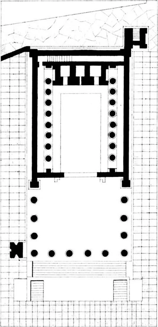 Ilustracja przedstawia plan Świątyni Jowisza w Pompejach. Układ przestrzenny ukazuje rozmieszczenie celli, pronaosu, kolumnady oraz otoczenia urbanistycznego.