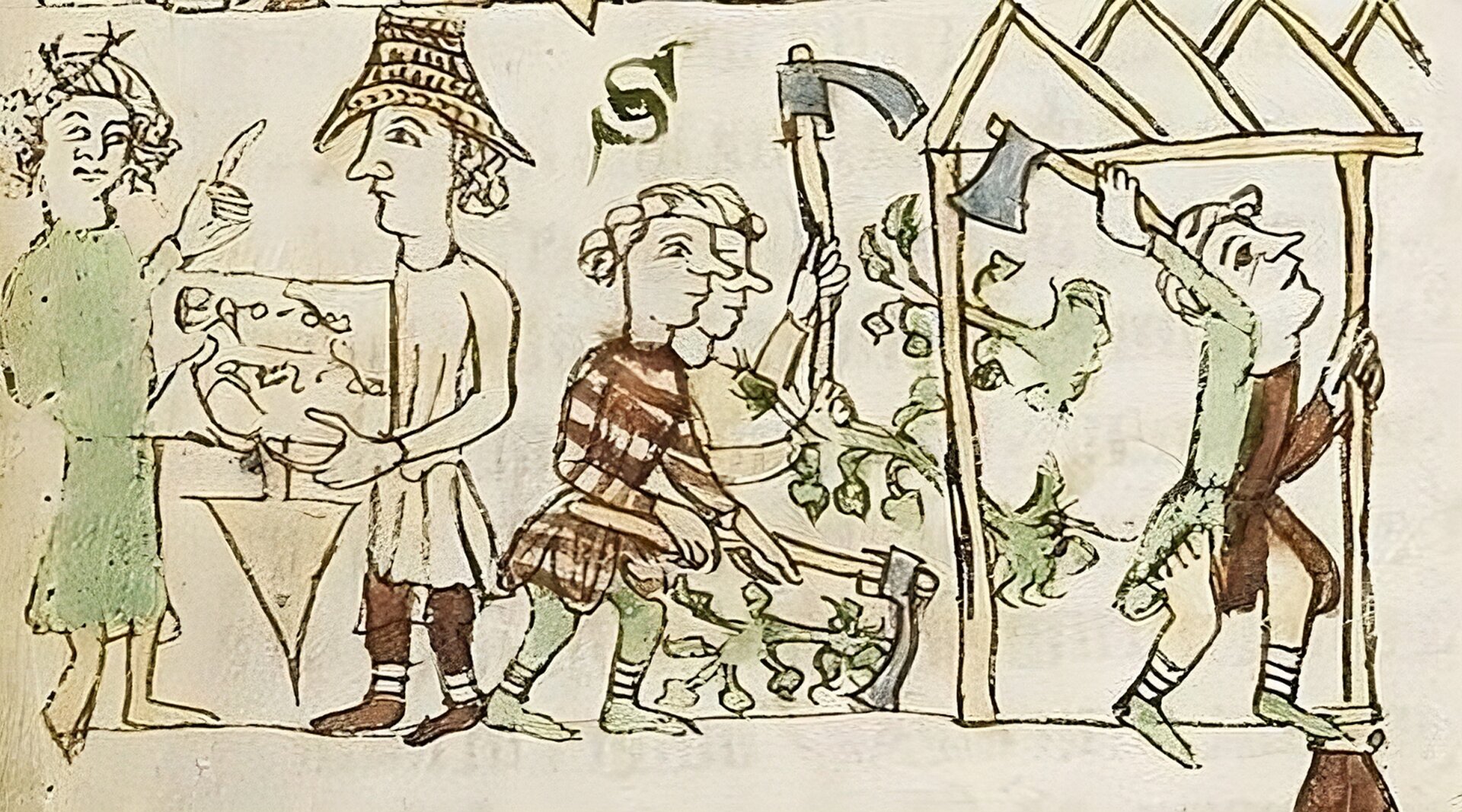 Kliknij aby powiększyć Ilustracja przedstawia grupę mężczyzn pracujących na rzecz nowo powstającej wsi. Przy lewej krawędzi ilustracji dwóch mężczyzn trzyma w rękach plan. Mężczyzna przy lewej krawędzi ilustracji zwrócony ku jej centrum palcem wskazującym lewej dłoni kieruje swoją uwagę na mężczyznę naprzeciwko. Ten z kolei patrzy w stronę lewej krawędzi. W centrum dwóch mężczyzn z siekierami rąbie drzewa. Mężczyzna przy prawej krawędzi ilustracji, trzymający w prawej dłoni siekierę z odwróconą głownią, przybija deski stropu budowanego domostwa. Wszyscy mężczyźni są odziani w spodnie, buty i narzuty lnianie. Wyjątek stanowi mężczyzna jako drugi od lewej krawędzi - nosi on dodatkowo na głowie kapelusz ze słomy.