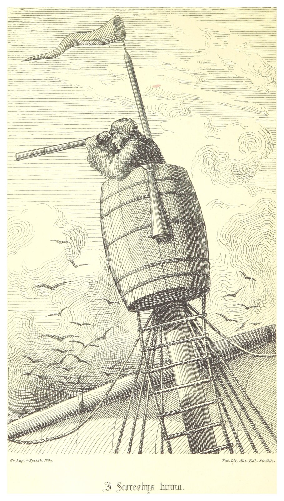 Rys. c. Rysunek przedstawia beczkę zamocowaną do wierzchołka masztu okrętu. W beczce stoi marynarz, obserwujący przez lunetę otoczenie.