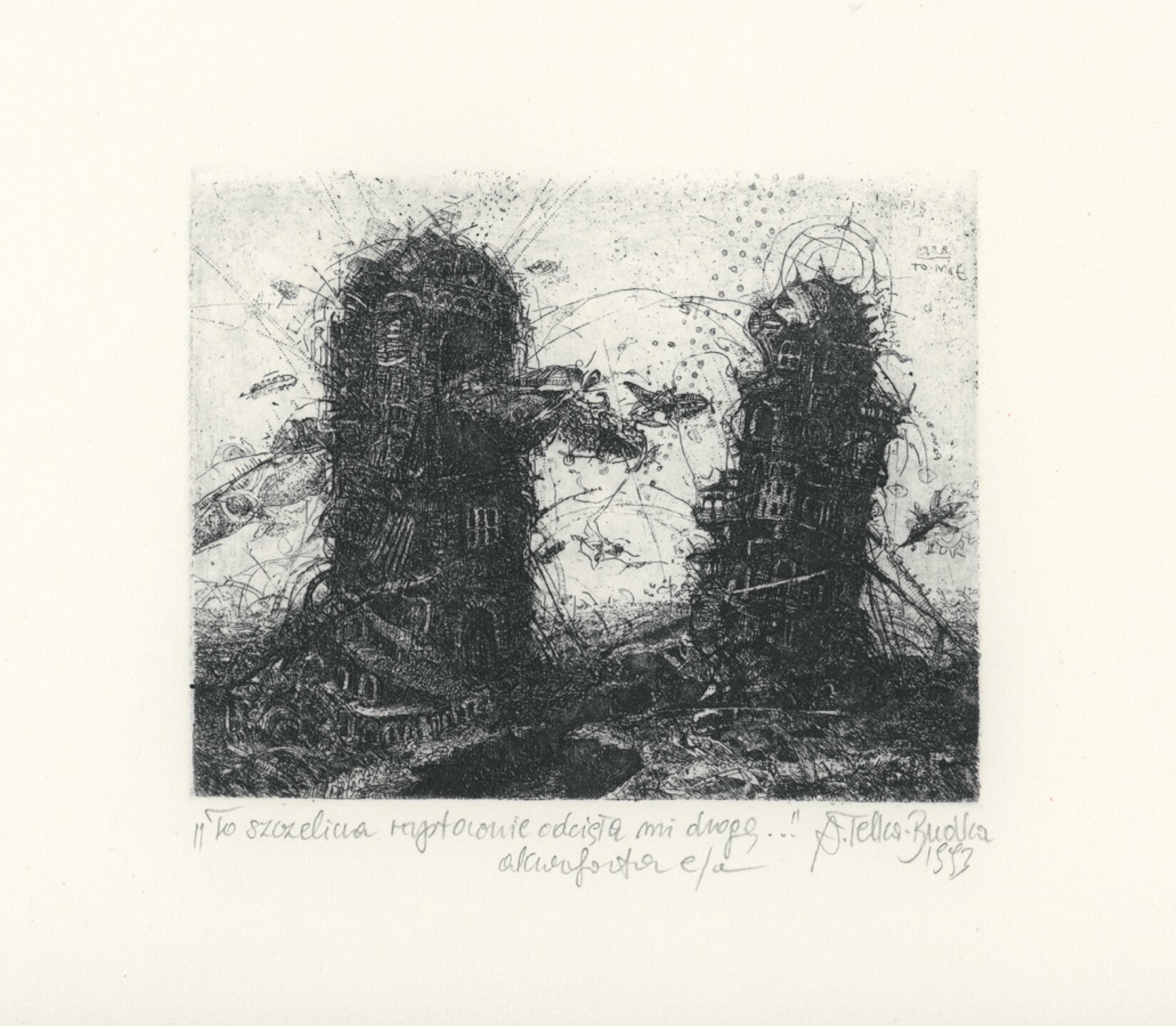 Umieszczona na beżowym tle prostokątna ilustracja ukazująca dwa, lekko przechylone budynki. Oba składają się z okien, drzwi, wystających części przypominających deski oraz rury, a także obecnych wokół nich elementów, umieszczonych również na podłożu. Ciemne budynki ukazano wśród szarych linii, kropek oraz przedmiotów. Tło jest jasne. Pod ilustracją, na beżowej ramce, umieszczono napis: „Ta szczelina raptownie odcięła mi drogę…” A. Telka‑Budka 19, akwaforta e/a.