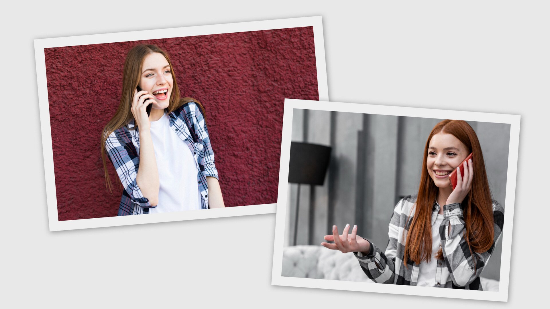 Ilustracja przedstawia dwa zdjęcia. Na obu jest młoda kobieta, która rozmawia przez smartfona.