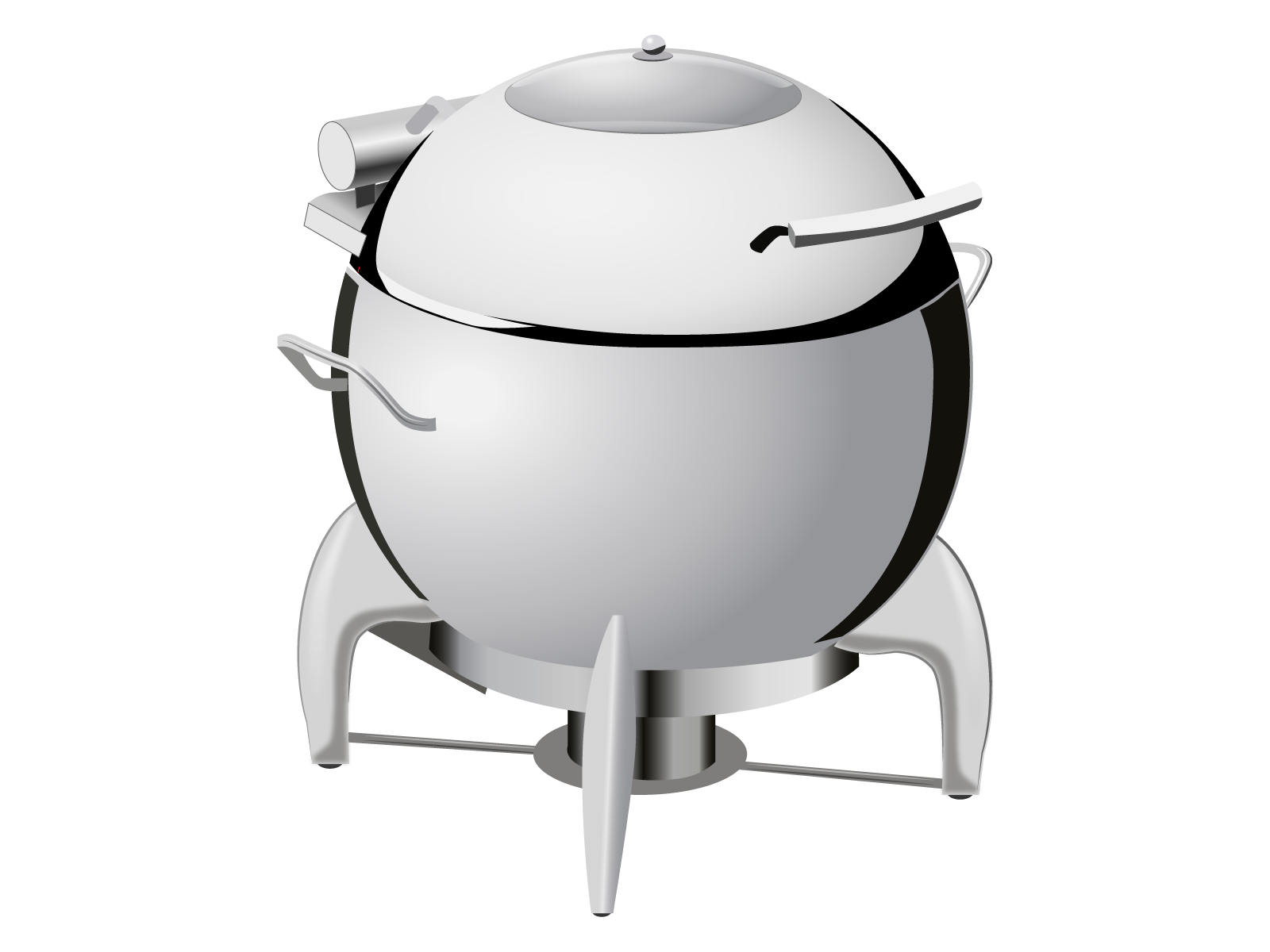 Grafika przedstawia kociołek do zup. Widoczny jest kulisty srebrny korpus na trzema odchodzącymi od niego nóżkami oraz półkulistą pokrywą z poziomym uchwytem. Po bokach kulistego korpusu, w jego górnej części znajdują się dwa poziome uchwyty, z których prawy widoczny jest tylko fragmentarycznie.