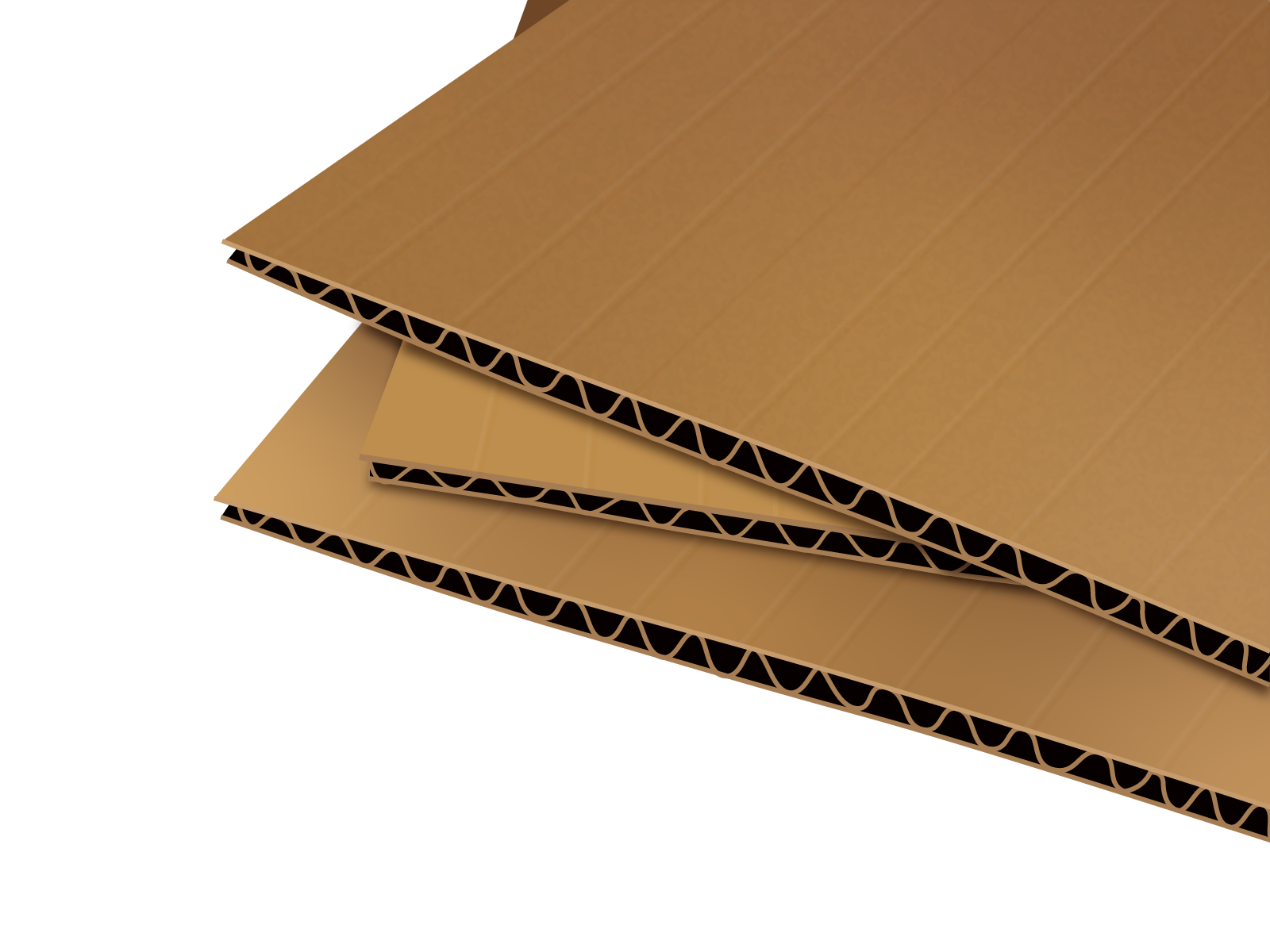 Grafika przedstawia trzy arkusze tektury falistej. Widoczne są fragmenty górnych powierzchni arkuszy oraz przekrój z linią falistą w środku.