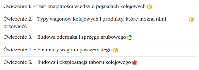 Zrzut ekranu przedstawia przykładowy wygląd zakładek z interaktywnymi materiałami sprawdzającymi. Widoczne jest pięć zakładek z ćwiczeniami, na każdej zakładce jest numer ćwiczenia i jego tytuł. Po tytule widać symbol poziomu trudności danego ćwiczenia.