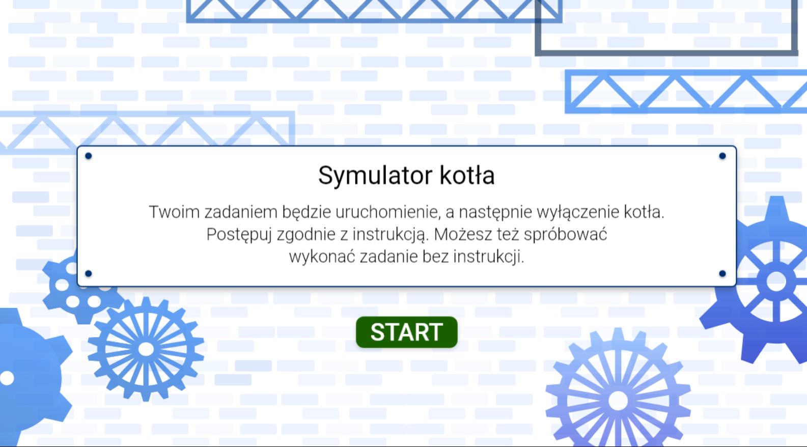 Grafika przedstawia przykładowy ekran startowy symulatora. Widnieje na nim plansza zawierająca tytuł i polecenie. Pod nią znajduje się przycisk START.