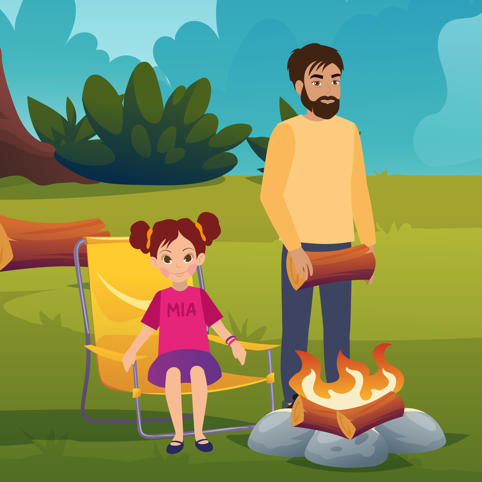 Ilustracja przedstawia dziewczynkę siedzącą przy ognisku, do którego podchodzi tata z kawałkiem drewna w dłoni. 