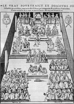 Rycina przedstawia w symboliczny sposób Stany Generalne w XVI wieku. Na jej górze ukazane jest podwyższenie i trony, na których zasiadają król i królowa. Nieco poniżej zasiadali biskupi, jeszcze niżej bogaci baroni w wykwintnych strojach, a na samym dole ilustracji mieszczanie w prostych ubraniach.