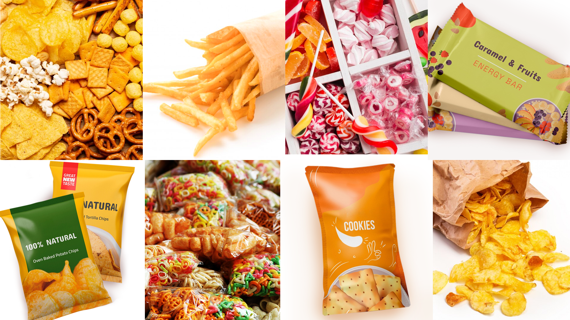 Ilustracja składa się z ośmiu zdjęć ułożonych w dwóch rzędach po cztery.  W górnym rzędzie, od lewej, widoczne są:  zdjęcie przedstawiające krakersy, chipsy, paluszki, precelki i prażoną kukurydzę, zdjęcie frytek wysypujących się z papierowego opakowania, zdjęcie przegródek wypełnionych małymi lizakami, piankami i kandyzowanymi owocami, zdjęcie trzech batoników. W dolnym rzędzie, od lewej, widoczne są:  zdjęcie dwóch opakowań chipsów, zdjęcie kilkunastu małych opakowań z chrupkami i kolorowymi drażami, zdjęcie opakowania z krakersami, zdjęcie papierowej torby, z której wysypują się chipsy.