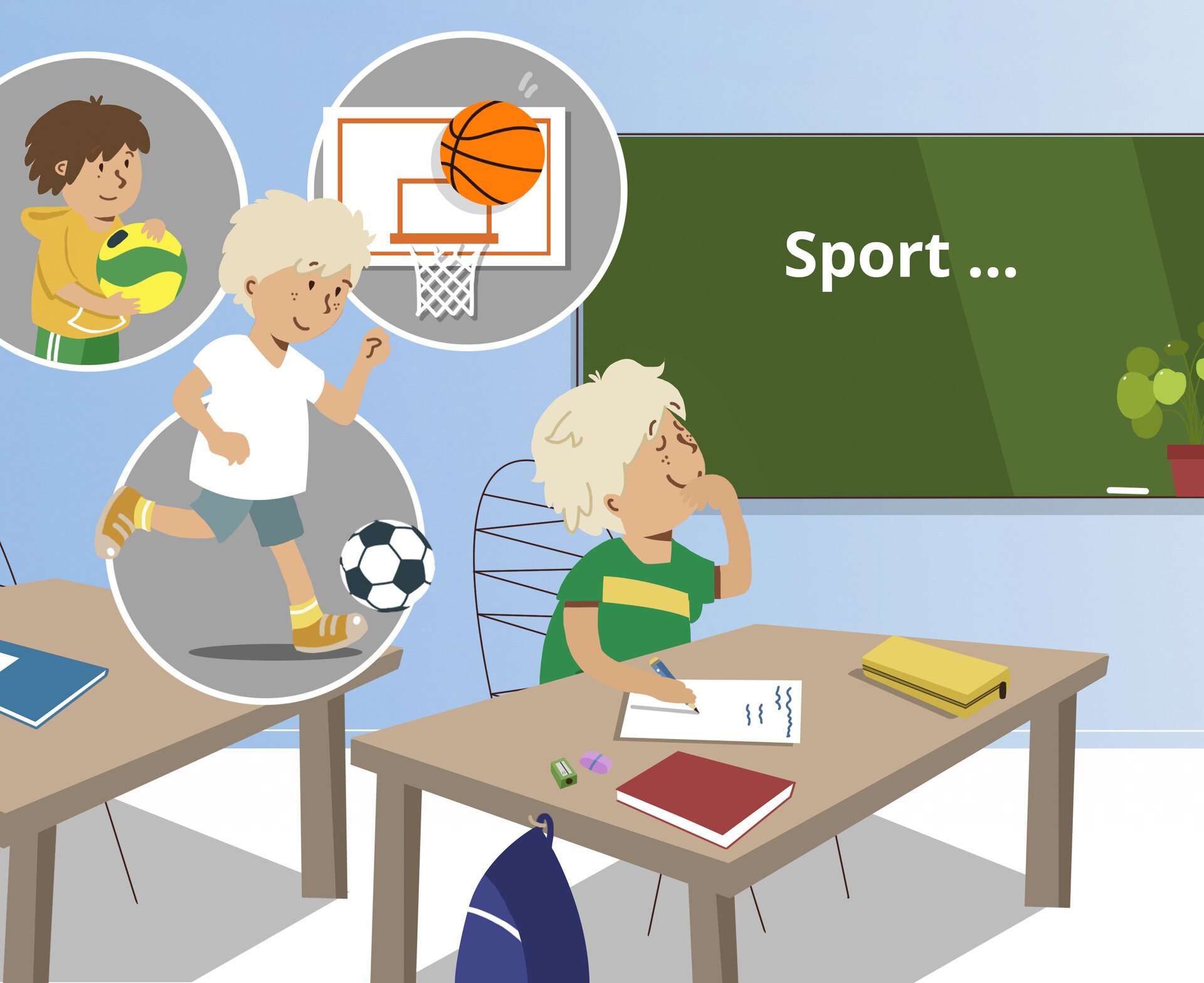 Ilustracja przedstawia chłopca siedzącego w szkolnej ławce. Jest zamyślony. Nad nim, po lewej stronie w trzech kółkach znajdują się rysunki. Pierwszy przedstawia chłopca trzymającego piłkę, drugi kosz do koszykówki, a na trzecim znajduje się główny bohater ilustracji grający w piłkę nożną. W tle widać tablice z napisem: Sport...