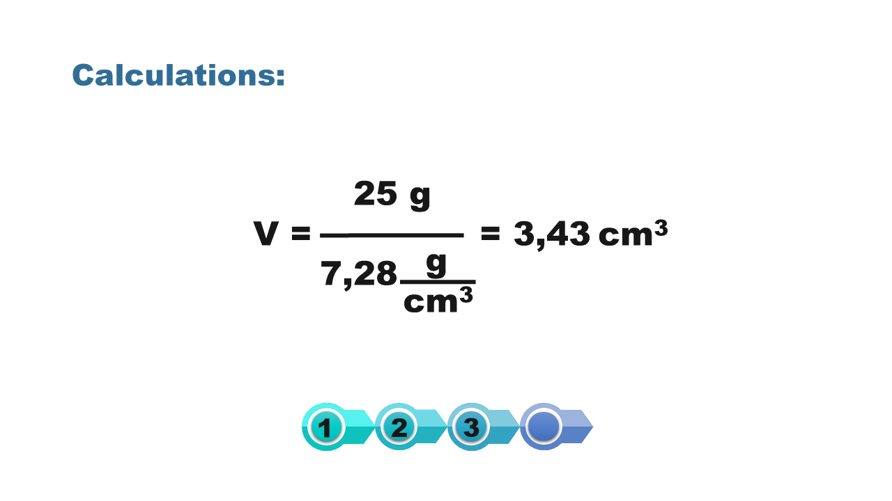 Grafika przedstawia obliczenia, calculations. Objętość równa się trzy przecinek czterdzieści trzy centymetry sześcienne.