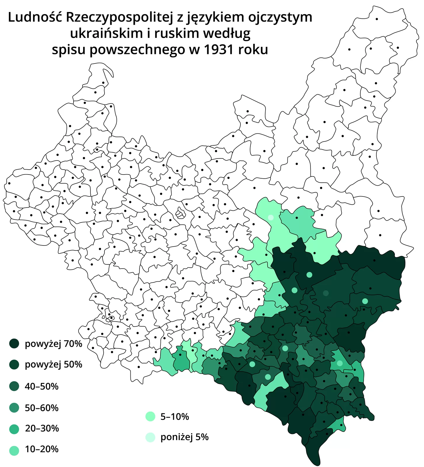 Mapa przedstawia rozmieszczanie ludności Rzeczypospolitej z językiem ojczystym ukraińskim i ruskim według spisu powszechnego w 1931 roku. Czym dalej na południowy – wschód, tym zagęszczenie ludności pochodzenia ukraińskiego jest większe. Najwięcej, powyżej 70% ludności posługujących się tymi językami, zamieszkiwało tereny południowej Rzeczypospolitej w województwie stanisławowskim (miasta Stanisławów, Drohobycz, Przemyśl), Nieco mniej, ale nadal powyżej 50‑60% ludzi pochodzenia ukraińskiego mieszkało w województwach tarnopolskim (miasta: Tarnopol, Lwów) i wołyńskim (miasta: Krzemieniec, Dubno, Równe, Łuck, Włodzimierz, Kowel, Zamość). Południowa część województwa lubelskiego to już tylko 5‑10% ludności ukraińskiej. Za granicą, którą umownie wyznaczały miasta Kraków, Tarnów, Rzeszów, Zamość, Chełm, Włodawa, odsetek ludności mówiącej językiem ukraińskim i ruskim był równy zero.