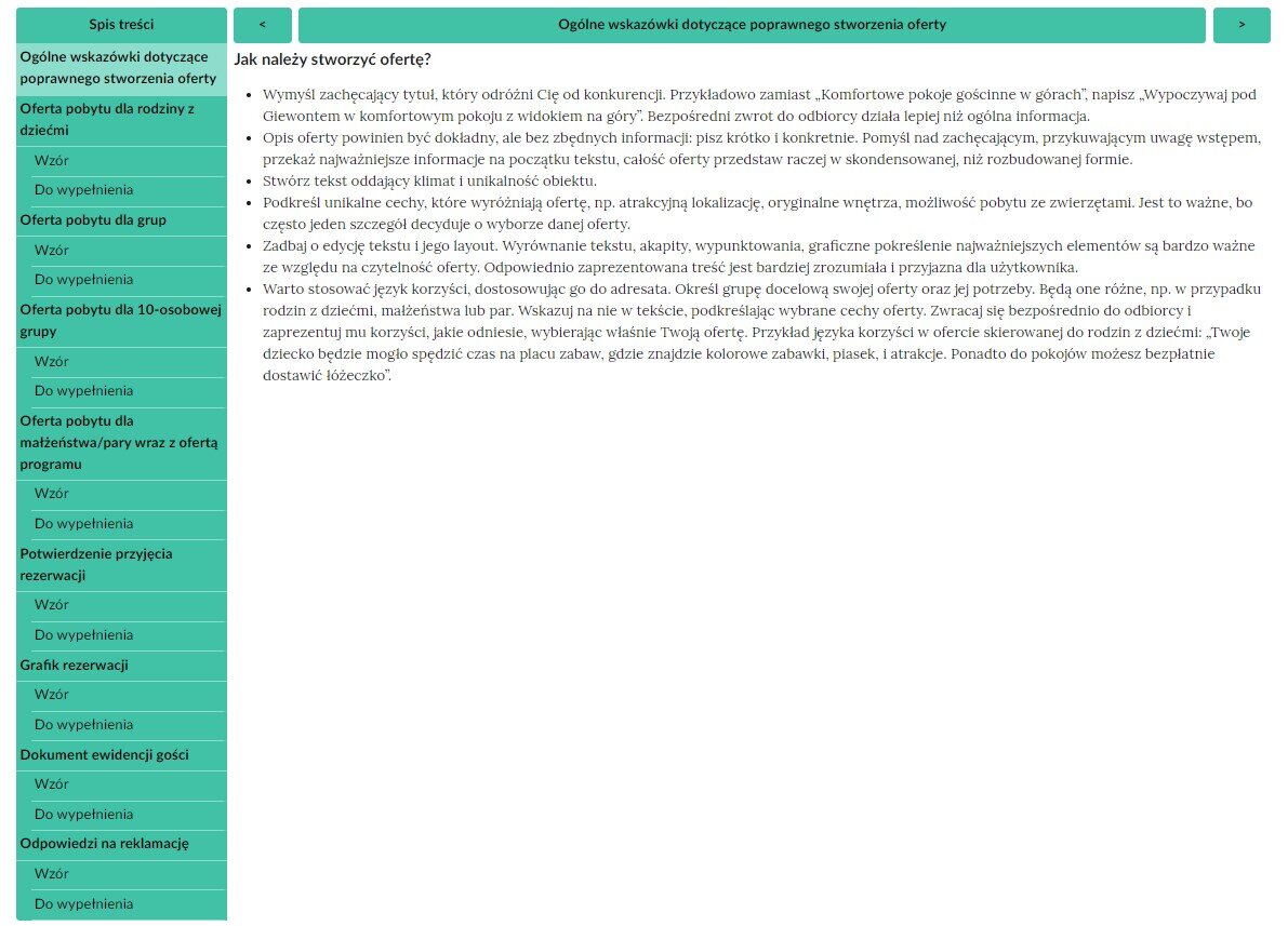 Grafika przedstawia widok dokumentacji interaktywnej zatytułowanej Dokumentacja związana z usługami w gospodarstwie agroturystycznym, przedstawiający przykładowy dokument oraz opis do jego pól.