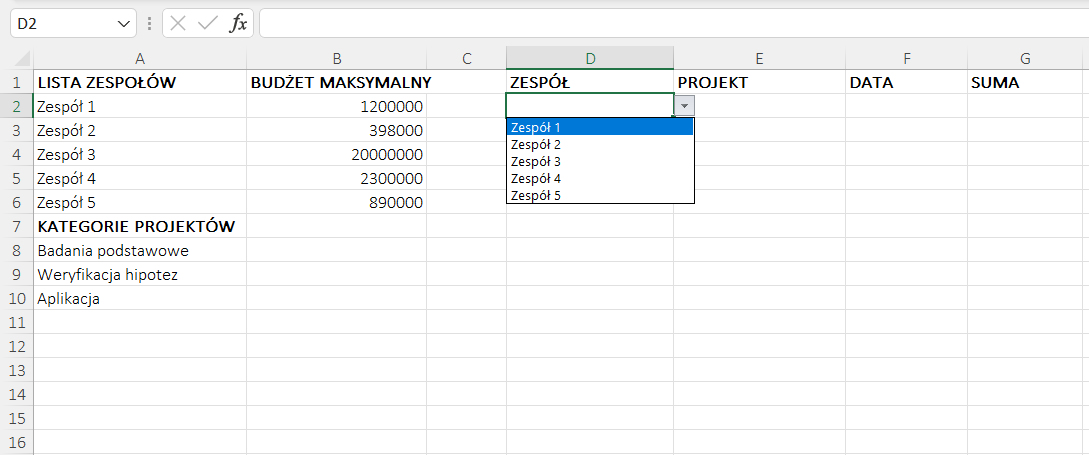 Ilustracja przedstawia arkusz kalkulacyjny. W komórce A1 jest napis: Lista zespołów, w A7 Kategorie projektów, w B1 budżet maksymalny, w D1 Zespół, w E1 Projekt, w F1 Data, w G1 Suma. Tam, gdzie Projekt, Data, Suma komórki kolumn są puste. Zaznaczono komórkę D3 z napisem Zespół 1 wybraną z rozwijanej listy. 