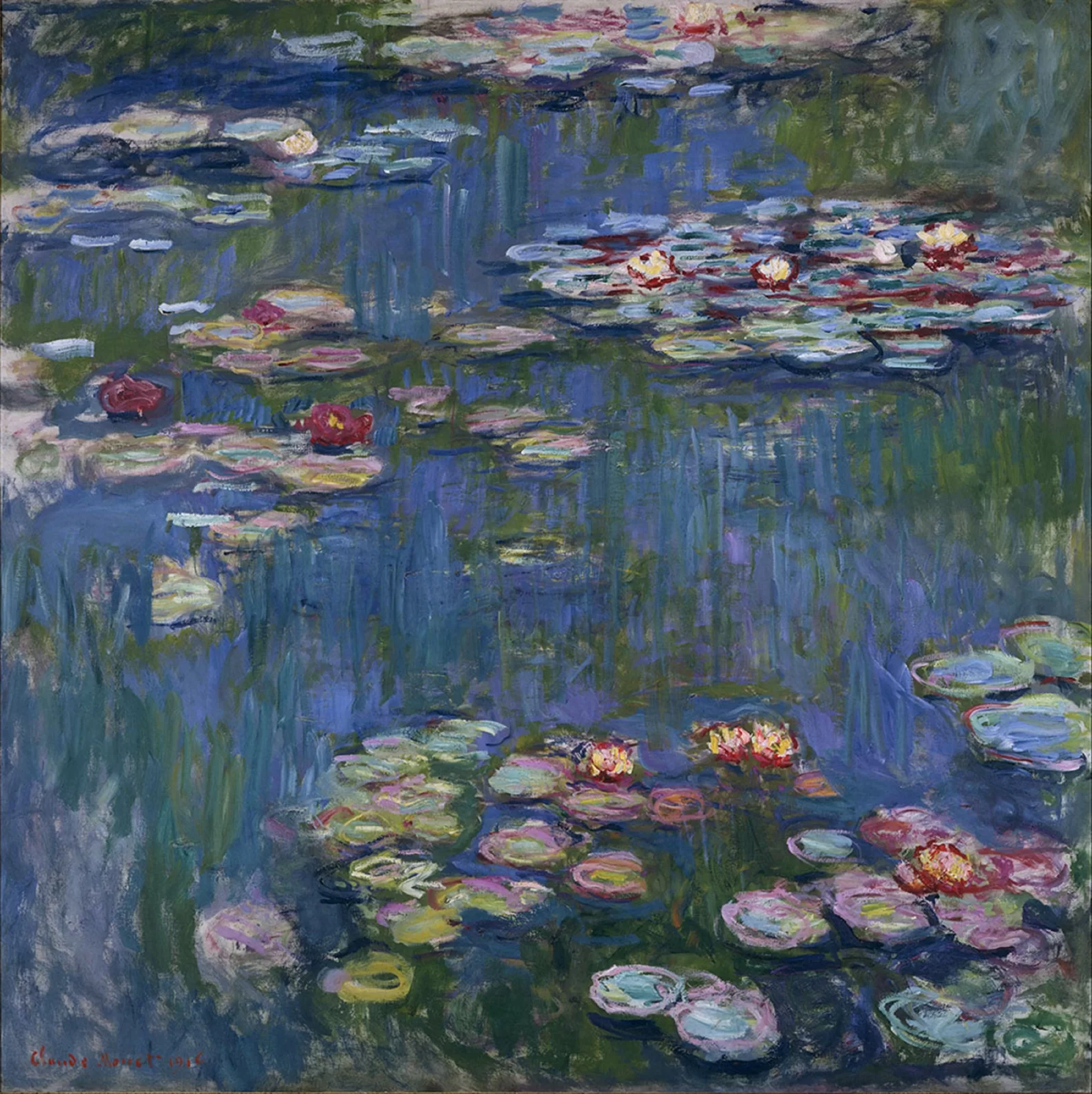 Ilustracja przedstawia obraz Claude'a Moneta „Lilie wodne”. Dzieło ukazuje ogród kwiatowy Moneta w jego domu w Giverny. Na wodzie pływają lilie, znajdujące się na liściach. Przez taflę wody widoczne są zakorzenione w głębi ogony roślin. Płótno namalowane jest zdecydowanymi pociągnięciami pędzla, przy pomocy drobnych smug czystego koloru.