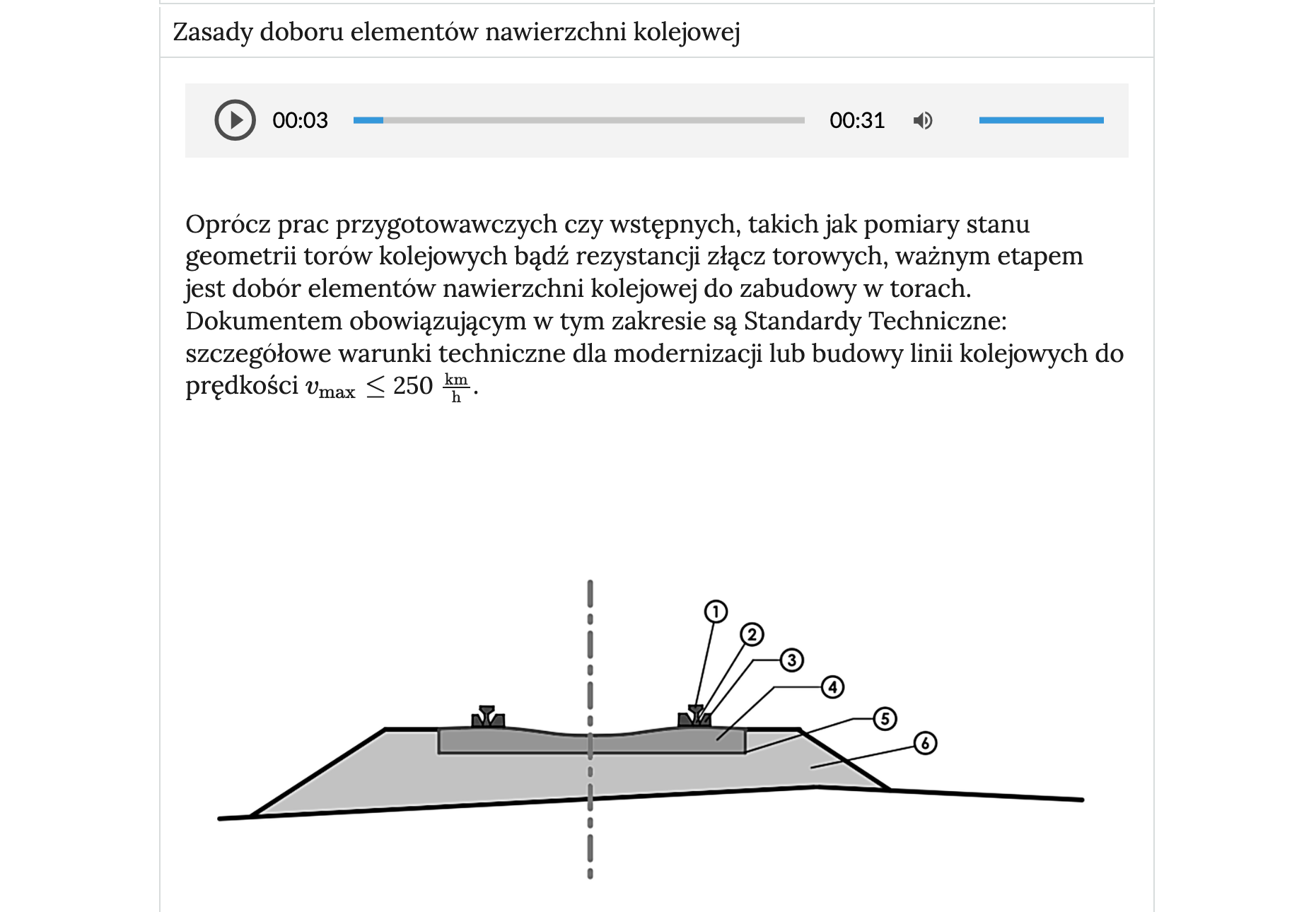 Widok otwartej zakładki atlasu interaktywnego. Od góry: pasek zakładki o tytule Zasady doboru elementów nawierzchni kolejowej. Pod paskiem zakładki znajduje się prostokątne pole z treścią. Od góry: nagranie dźwiękowa tożsame z zapisaną poniżej treścią, pod nim znajduje się zapisany tekst, a poniżej rysunek ilustrujący omawiane zagadnienie.