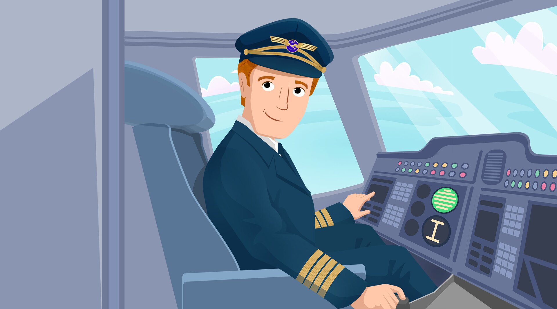 Ilustracja przedstawia pilota w kokpicie.