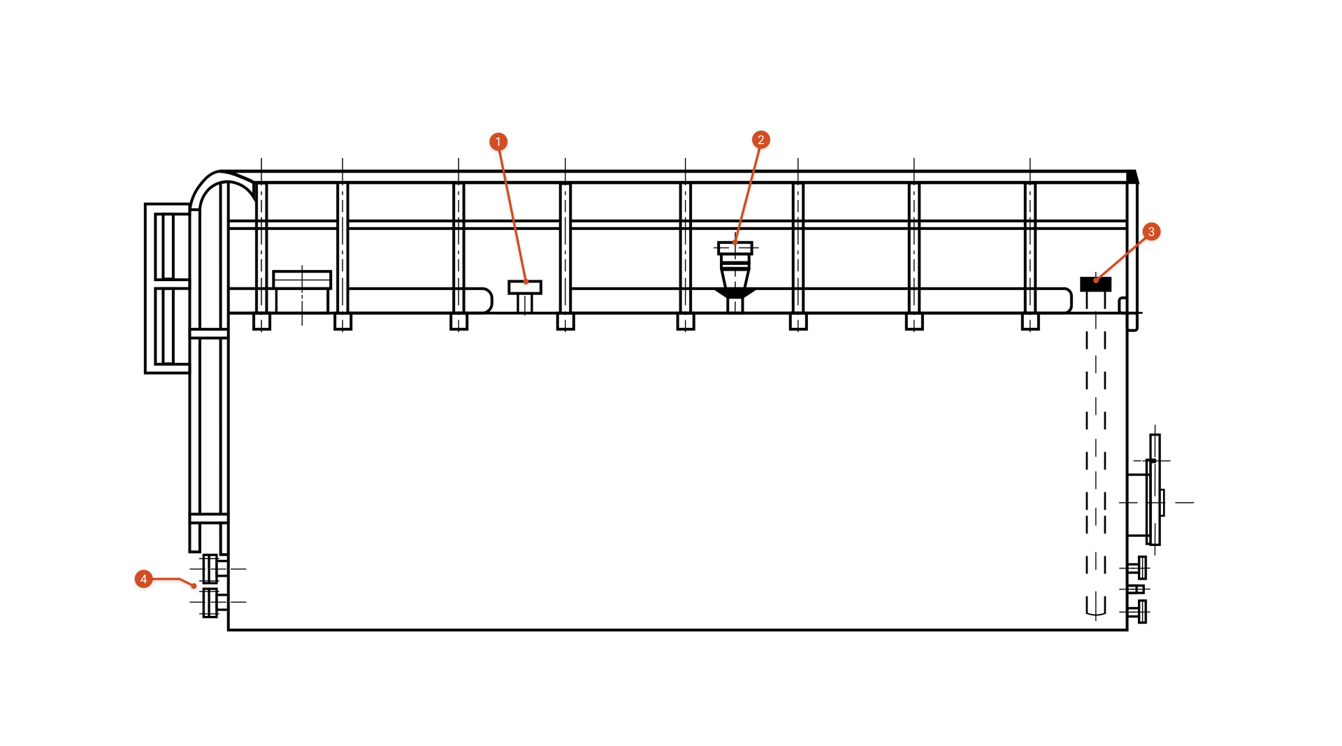 Rysunek przedstawia schemat zbiornika typu prostokątnego. Prostokąt reprezentuje główną część zbiornika. Z lewej strony u dołu znajduje się wlot płynu Φ80. Na rysunku oznaczone jako króćce reprezentowane przez przylegający do ściany zbiornika kwadrat. Bok równoległy do boku, przylegającego do ściany zbiornika, jest częścią dłuższego boku osadzonego na nim symetrycznie prostokąta. Z lewej strony zamontowana jest również drabina prowadząca do górnej części, która zabudowana jest barierką. W około jednej trzeciej długości zbiornika, w jego górnej części znajduje się króciec opisany jako rura pomiarowa Φ100. Dalej za połową długości zbiornika, w górnej części wbudowany jest zawór oddechowy. Z kolei na końcu po prawej stronie znajduje się króciec opisany jako wlot płynu Φ80. Poprowadzono od niego w dół przerywane linie do wnętrza zbiornika. Z prawej strony u dołu zbiornika znajdują się nieopisane króćce - jeden duży, a pod nim dwa mniejsze.