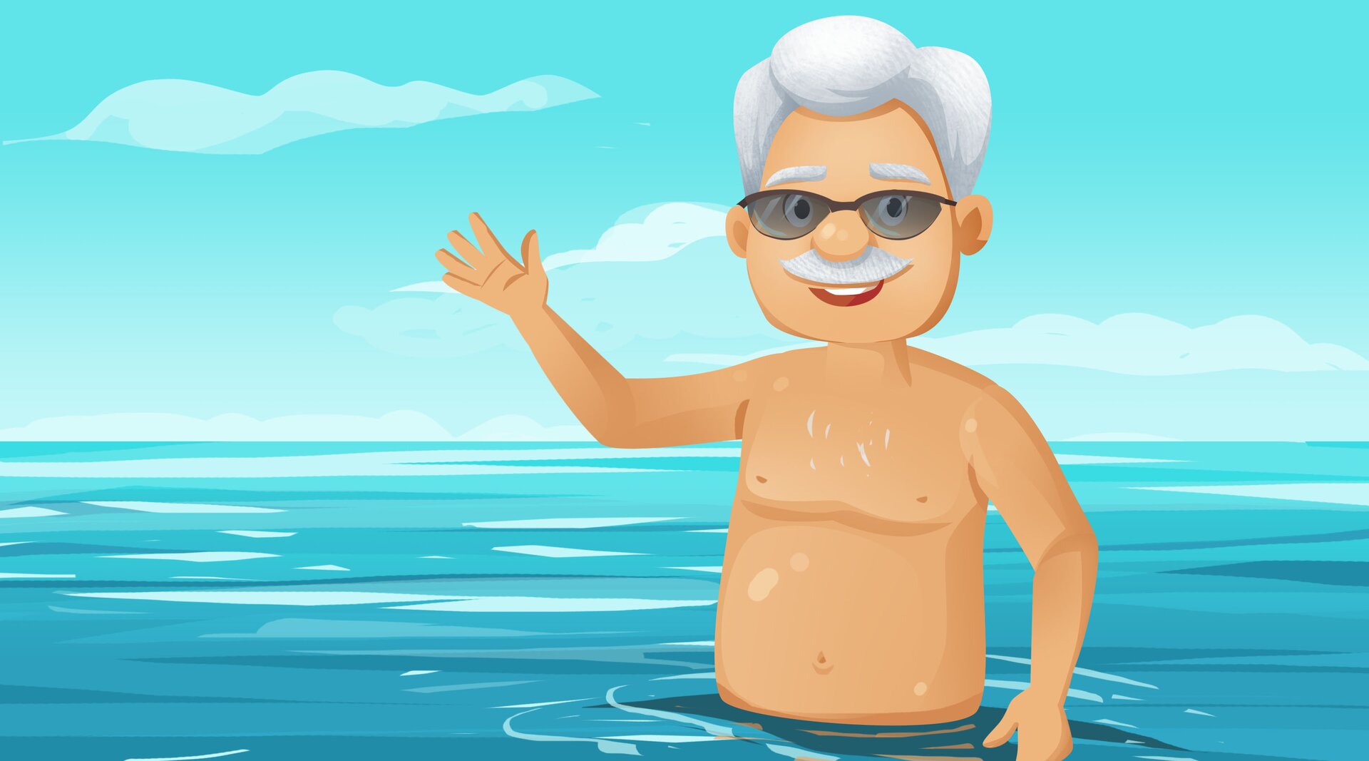 Ilustracja przedstawia dziadka zanurzonego w morzu i machającego.