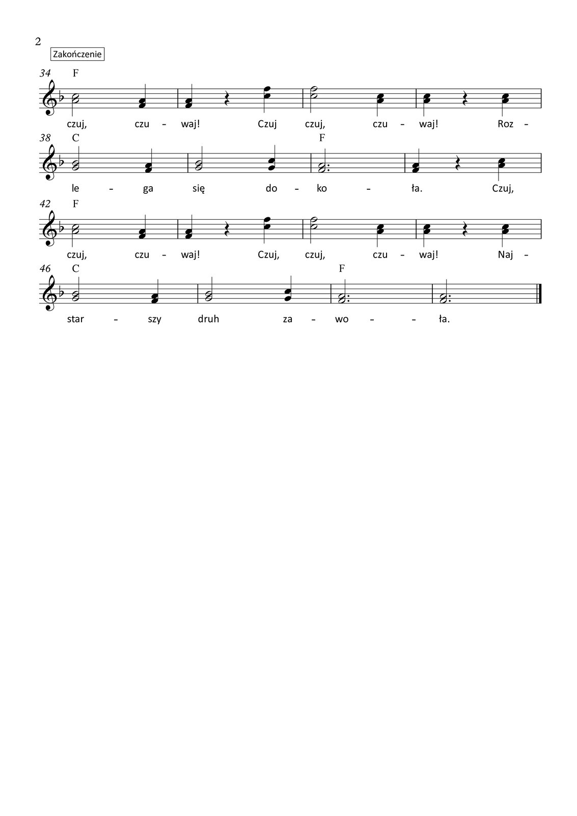 Grafika przedstawia partyturę utworu „Płonie ognisko w lesie”, który jest napisany w metrum trzy czwarte, w tonacji F‑dur. Partytura ma dwie strony, na których zapisano czterdzieści osiem taktów oraz przedtakt. Melodię w dwugłosie zapisano w kluczu wiolinowym, a pod nutami zanotowano tekst, łącznie trzy zwrotki. Wszystkie dźwięki należą do oktaw małej, razkreślnej lub dwukreślnej. To jest opis drugiej strony partytury.
W trzydziestym czwartym takcie w górnym głosie na pierwszą miarę śpiewana jest ćwierćnuta a, na miarę drugą zapisano pauzę ćwierćnutową, natomiast na trzecią miarę wykonywana jest ćwierćnuta f. W głosie dolnym na pierwszą miarę zapisano ćwierćnutę f, na miarę drugą pauzę ćwierćnutową, a na trzecią miarę ćwierćnutę c. Nad taktem zapisano akord F‑dur. W takcie trzydziestym piątym w górnym głosie na pierwsze dwie miary śpiewana jest półnuta f, a na miarę trzecią ćwierćnuta c. W głosie dolnym na dwie pierwsze miary śpiewana jest półnuta c, a na miarę trzecią ćwierćnuta a. Nad taktem zapisano akord F‑dur. W trzydziestym szóstym takcie w górnym głosie na pierwszą miarę śpiewana jest ćwierćnuta c, na miarę drugą zaznaczono pauzę ćwierćnutową, a na trzecią miarę ćwierćnutę c. W głosie dolnym na pierwszą miarę zapisano ćwierćnutę a, na miarę drugą pauzę ćwierćnutową, a na trzecią miarę ponownie ćwierćnutę a. Nad taktem zapisano akord F‑dur.
W trzydziestym siódmym takcie w górnym głosie na pierwsze dwie miary śpiewana jest półnuta b, a na miarę trzecią ćwierćnuta a. W głosie dolnym na pierwsze dwie miary śpiewana jest półnuta g, a na miarę trzecią ćwierćnuta f. Nad taktem zapisano akord C‑dur. W takcie trzydziestym ósmym w górnym głosie na pierwsze dwie miary śpiewana jest półnuta b, a na miarę trzecią ćwierćnuta c. W głosie dolnym na pierwsze dwie miary śpiewana jest półnuta g, a na miarę trzecią ćwierćnuta g. Nad taktem zapisano akord C‑dur. W trzydziestym dziewiątym takcie śpiewana jest półnuta z kropką a w górnym głosie, a w głosie dolnym półnuta z kropką f. Nad taktem zapisano akord F‑dur. W takcie czterdziestym w górnym głosie na pierwszą miarę wykonywana jest ćwierćnuta a, na miarę drugą zapisano pauzę ćwierćnutową, a na trzecią miarę ćwierćnutę c. W głosie dolnym na pierwszą miarę zapisano ćwierćnutę f, na drugą miarę pauzę ćwierćnutową, a na miarę trzecią ćwierćnutę a. Nad taktem zapisano akord F‑dur.
W takcie czterdziestym pierwszym w górnym głosie na pierwsze dwie miary śpiewana jest półnuta c, a na miarę trzecią ćwierćnuta a. W głosie dolnym na pierwsze dwie miary śpiewana jest półnuta a, a na trzecią miarę ćwierćnuta f. Nad taktem zapisano akord F‑dur. W czterdziestym drugim takcie w górnym głosie na pierwszą miarę śpiewana jest ćwierćnuta a, na miarę drugą zapisano pauzę ćwierćnutową, natomiast na trzecią miarę wykonywana jest ćwierćnuta f. W głosie dolnym na pierwszą miarę zapisano ćwierćnutę f, na miarę drugą pauzę ćwierćnutową, a na trzecią miarę ćwierćnutę c. Nad taktem zapisano akord F‑dur. W takcie czterdziestym trzecim w górnym głosie na pierwsze dwie miary śpiewana jest półnuta f, a na miarę trzecią ćwierćnuta c. W głosie dolnym na dwie pierwsze miary śpiewana jest półnuta c, a na miarę trzecią ćwierćnuta a. Nad taktem zapisano akord F‑dur. W czterdziestym czwartym takcie w górnym głosie na pierwszą miarę śpiewana jest ćwierćnuta c, na miarę drugą zaznaczono pauzę ćwierćnutową, a na trzecią miarę ćwierćnutę c. W głosie dolnym na pierwszą miarę zapisano ćwierćnutę a, na miarę drugą pauzę ćwierćnutową, a na trzecią miarę ponownie ćwierćnutę a. Nad taktem zapisano akord F‑dur.
W czterdziestym piątym takcie w górnym głosie na pierwsze dwie miary śpiewana jest półnuta b, a na miarę trzecią ćwierćnuta a. W głosie dolnym na pierwsze dwie miary śpiewana jest półnuta g, a na miarę trzecią ćwierćnuta f. Nad taktem zapisano akord C‑dur. W takcie czterdziestym szóstym w górnym głosie na pierwsze dwie miary śpiewana jest półnuta b, a na miarę trzecią ćwierćnuta c. W głosie dolnym na pierwsze dwie miary śpiewana jest półnuta g, a na miarę trzecią ćwierćnuta g. Nad taktem zapisano akord C‑dur. W czterdziestym siódmym takcie śpiewana jest półnuta z kropką a w górnym głosie, a w głosie dolnym półnuta z kropką f. Nad taktem zapisano akord F‑dur. W takcie czterdziestym ósmym w górnym głosie ponownie śpiewana jest półnuta z kropką a, a w głosie dolnym ponownie półnuta z kropką f. Nad taktem zapisano akord F‑dur.