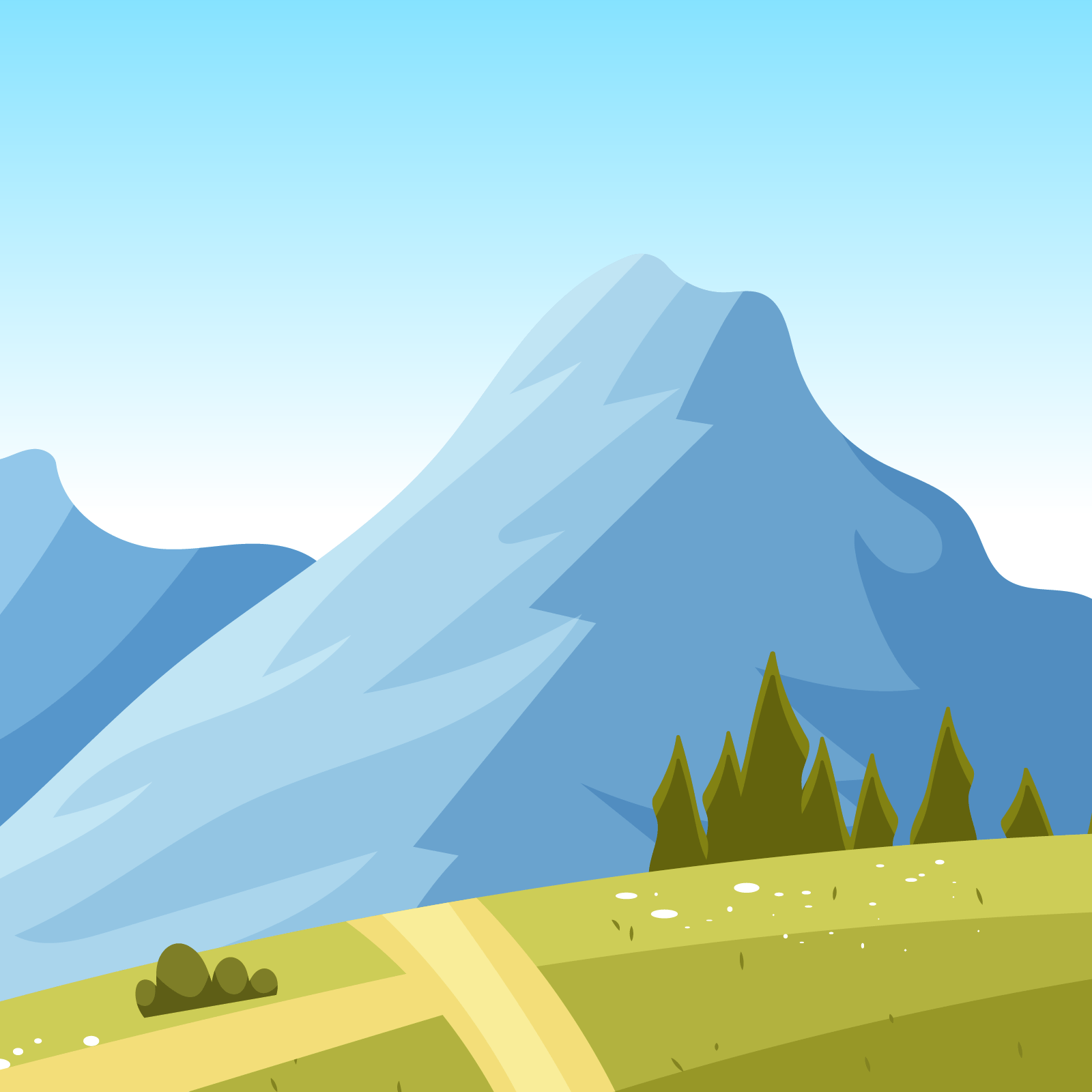 Ilustracja przedstawia drogę biegnącą przez wzgórza, na tle wysokich gór. 